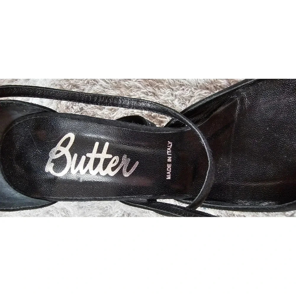 BUTTER Italian Suede Crisscross Ankle Strap Kitten Heels Black Womens 7
